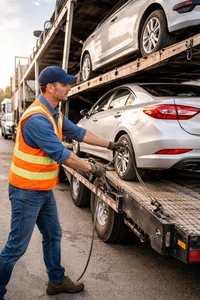 Truck driver loading a vehicle onto a car hauler trailer